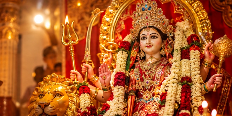 Beautifully decorated Goddess Durga idol with golden ornaments